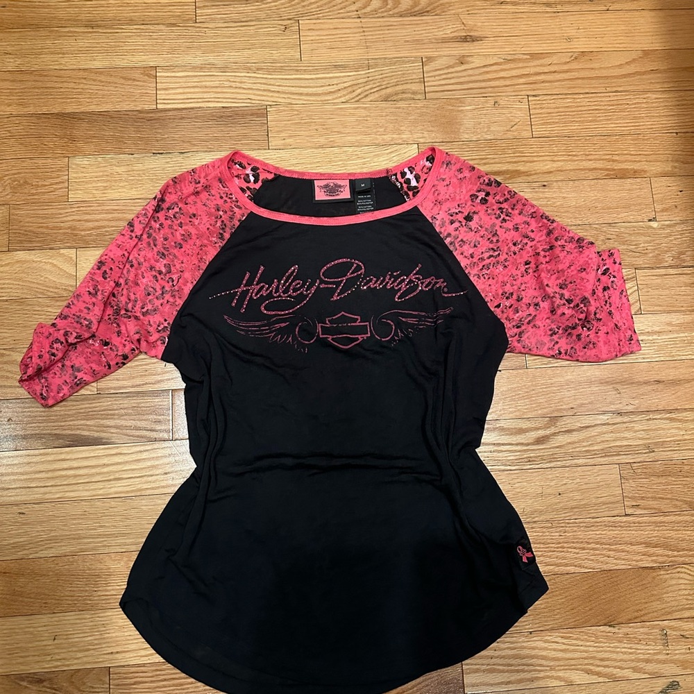 Harley-Davidson Y2K Black and Pink Long Sleeve Tee leopard print bedazzled